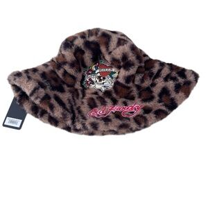Ed Hardy Leopard Faux Fur Bucket Hat Skull Embroidery Y2K NWT Women’s